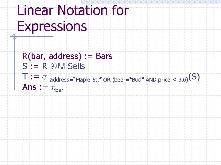 Linear Notation for Expressions R(bar, address) : = Bars S : = R Sells