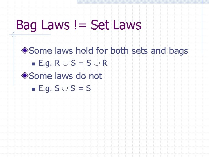 Bag Laws != Set Laws Some laws hold for both sets and bags n