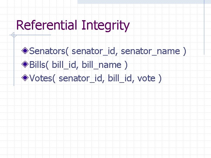 Referential Integrity Senators( senator_id, senator_name ) Bills( bill_id, bill_name ) Votes( senator_id, bill_id, vote