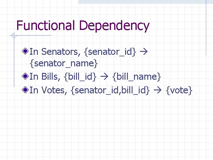 Functional Dependency In Senators, {senator_id} {senator_name} In Bills, {bill_id} {bill_name} In Votes, {senator_id, bill_id} Functional Dependency In Senators, {senator_id} {senator_name} In Bills, {bill_id} {bill_name} In Votes, {senator_id, bill_id}