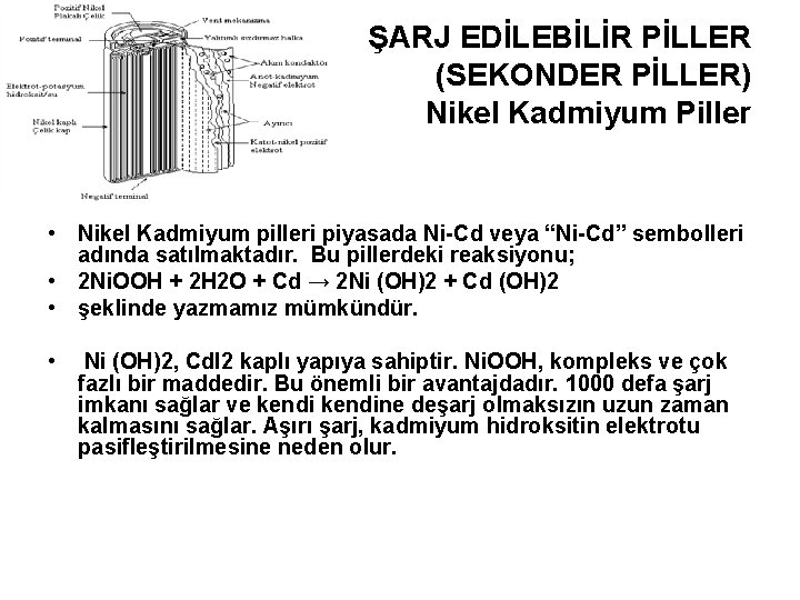 ŞARJ EDİLEBİLİR PİLLER (SEKONDER PİLLER) Nikel Kadmiyum Piller • Nikel Kadmiyum pilleri piyasada Ni-Cd