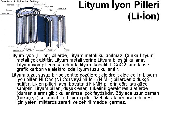Lityum İyon Pilleri (Li-İon) Lityum iyon (Li-İon) pillerde, Lityum metali kullanılmaz. Çünkü Lityum metali