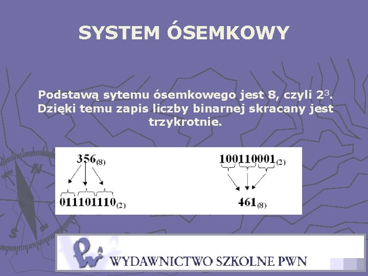 SYSTEM ÓSEMKOWY Podstawą sytemu ósemkowego jest 8, czyli 23. Dzięki temu zapis liczby binarnej