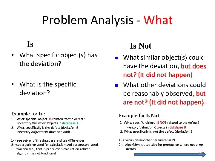 Problem Analysis - What Is • What specific object(s) has the deviation? • What