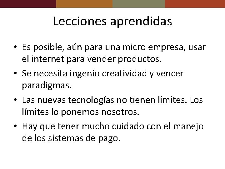 Lecciones aprendidas • Es posible, aún para una micro empresa, usar el internet para