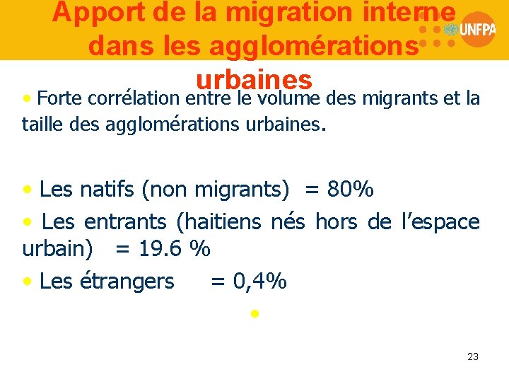 Apport de la migration interne dans les agglomérations urbaines • Forte corrélation entre le