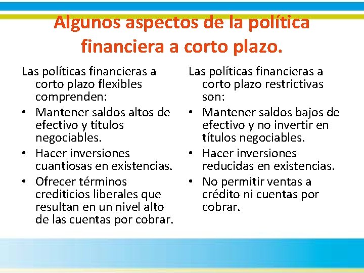 Algunos aspectos de la política financiera a corto plazo. Las políticas financieras a corto