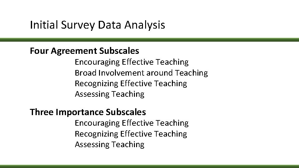 Initial Survey Data Analysis Four Agreement Subscales Encouraging Effective Teaching Broad Involvement around Teaching