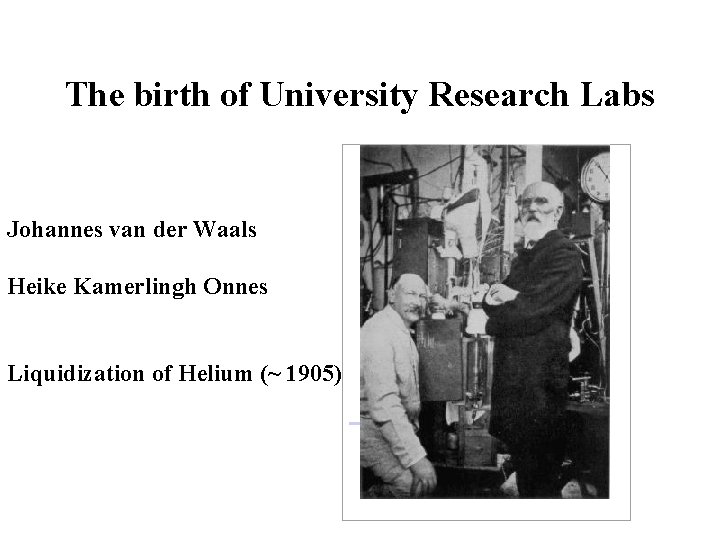 The birth of University Research Labs Johannes van der Waals Heike Kamerlingh Onnes Liquidization