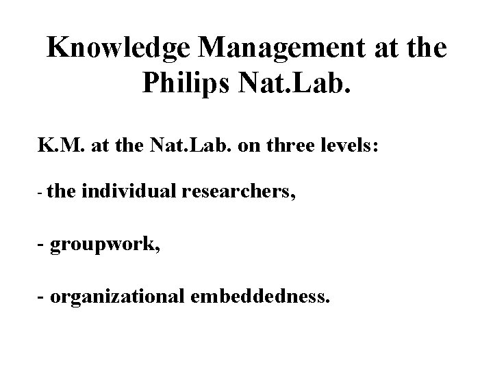 Knowledge Management at the Philips Nat. Lab. K. M. at the Nat. Lab. on