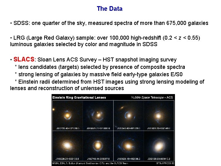 The Data • SDSS: one quarter of the sky, measured spectra of more than