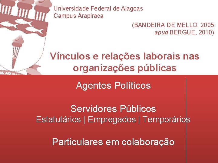 Universidade Federal de Alagoas Campus Arapiraca (BANDEIRA DE MELLO, 2005 apud BERGUE, 2010) Vínculos