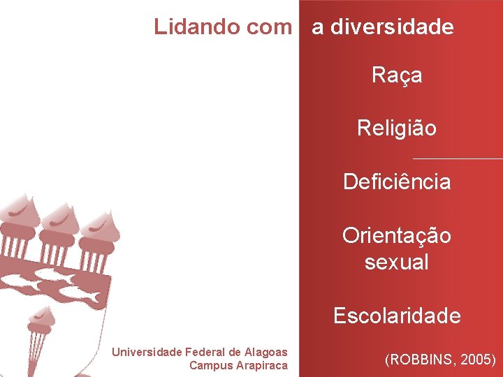 Lidando com a diversidade Raça Religião Deficiência Orientação sexual Escolaridade Universidade Federal de Alagoas