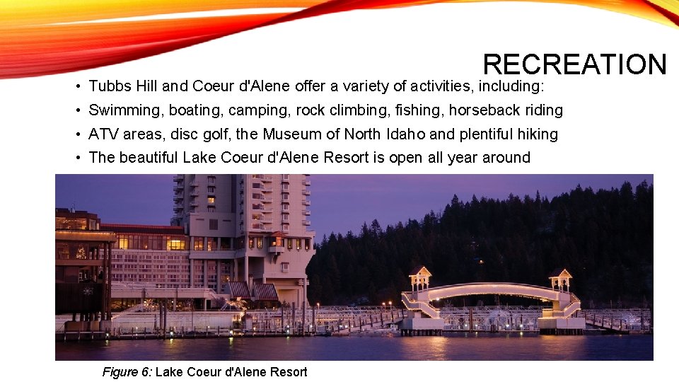 RECREATION • Tubbs Hill and Coeur d'Alene offer a variety of activities, including: •