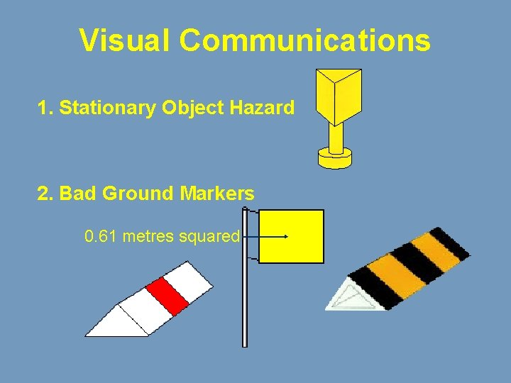 Visual Communications 1. Stationary Object Hazard 2. Bad Ground Markers 0. 61 metres squared