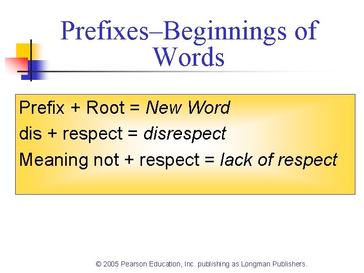 Prefixes–Beginnings of Words Prefix + Root = New Word dis + respect = disrespect