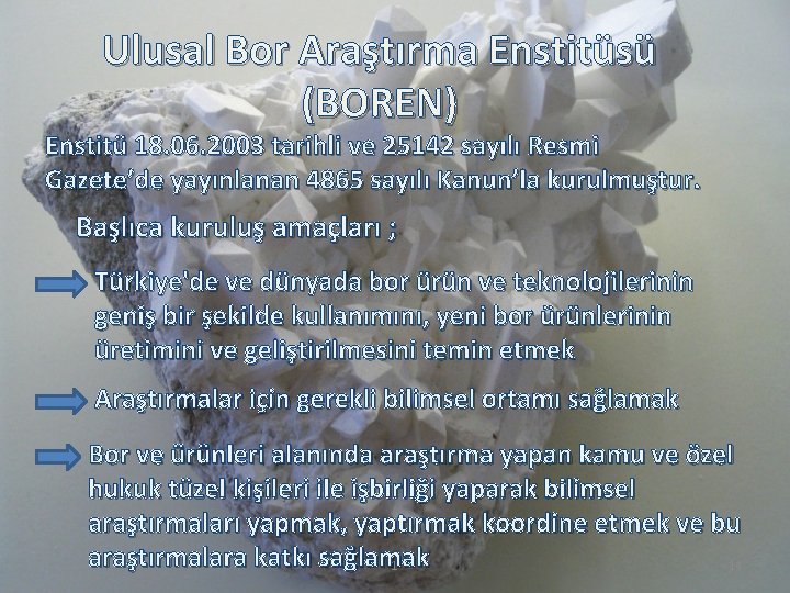 Ulusal Bor Araştırma Enstitüsü (BOREN) Enstitü 18. 06. 2003 tarihli ve 25142 sayılı Resmi