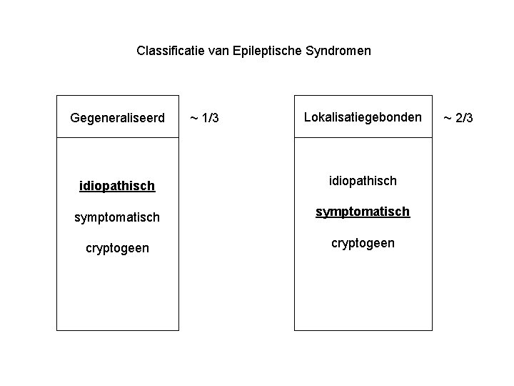 Classificatie van Epileptische Syndromen Gegeneraliseerd ~ 1/3 Lokalisatiegebonden idiopathisch symptomatisch cryptogeen ~ 2/3 