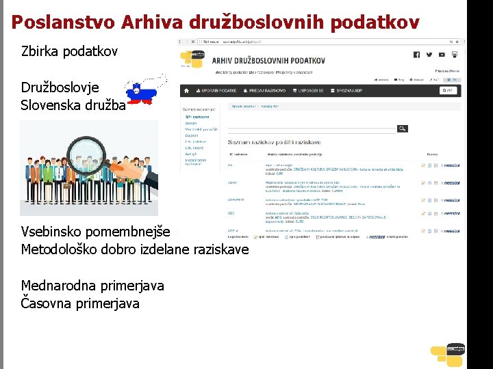 Poslanstvo Arhiva družboslovnih podatkov Zbirka podatkov Družboslovje Slovenska družba Vsebinsko pomembnejše Metodološko dobro izdelane