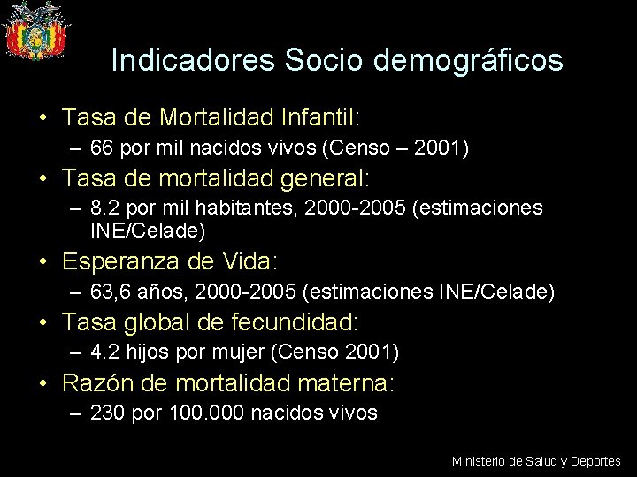 Indicadores Socio demográficos • Tasa de Mortalidad Infantil: – 66 por mil nacidos vivos