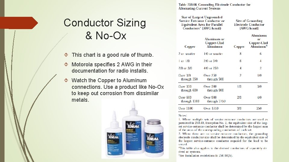 Conductor Sizing & No-Ox This chart is a good rule of thumb. Motorola specifies