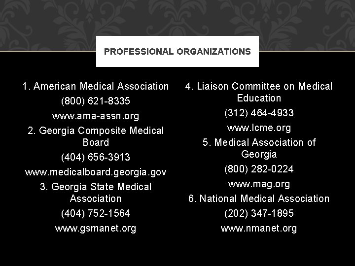 PROFESSIONAL ORGANIZATIONS 1. American Medical Association (800) 621 -8335 4. Liaison Committee on Medical