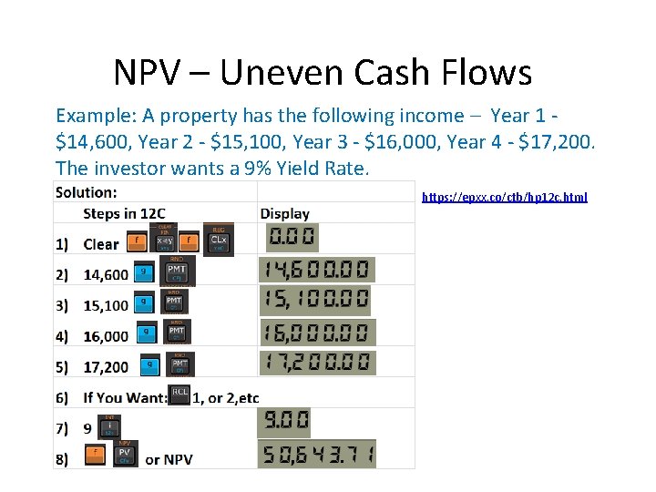 NPV – Uneven Cash Flows Example: A property has the following income – Year