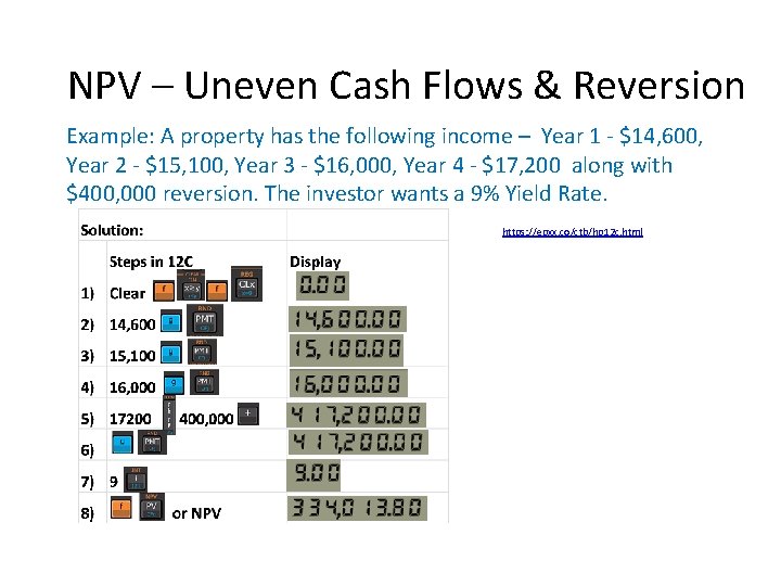 NPV – Uneven Cash Flows & Reversion Example: A property has the following income