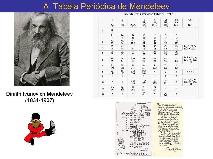 A Tabela Periódica de Mendeleev Dimitri Ivanovich Mendeleev (1834 -1907) A Tabela Periódica de Mendeleev Dimitri Ivanovich Mendeleev (1834 -1907)