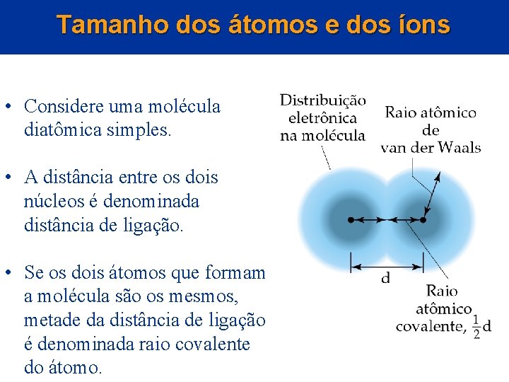 Tamanho dos átomos e dos íons • Considere uma molécula diatômica simples. • A Tamanho dos átomos e dos íons • Considere uma molécula diatômica simples. • A
