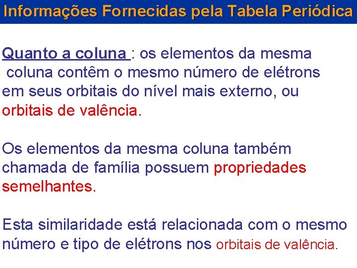 Informações Fornecidas pela Tabela Periódica Quanto a coluna : os elementos da mesma coluna Informações Fornecidas pela Tabela Periódica Quanto a coluna : os elementos da mesma coluna