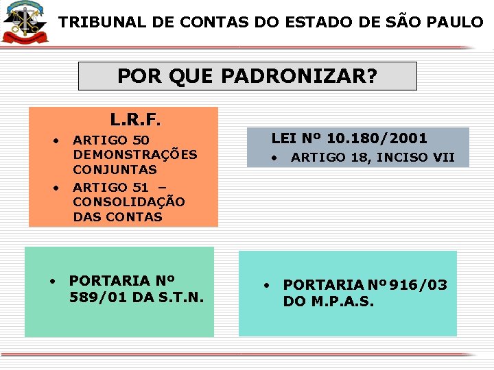 X TRIBUNAL DE CONTAS DO ESTADO DE SÃO PAULO POR QUE PADRONIZAR? L. R.