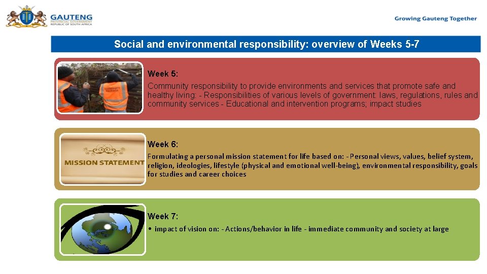 Social and environmental responsibility: overview of Weeks 5 -7 Week 5: Community responsibility to
