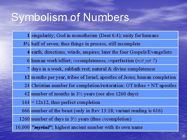 Symbolism of Numbers 1 singularity; God in monotheism (Deut 6: 4); unity for humans