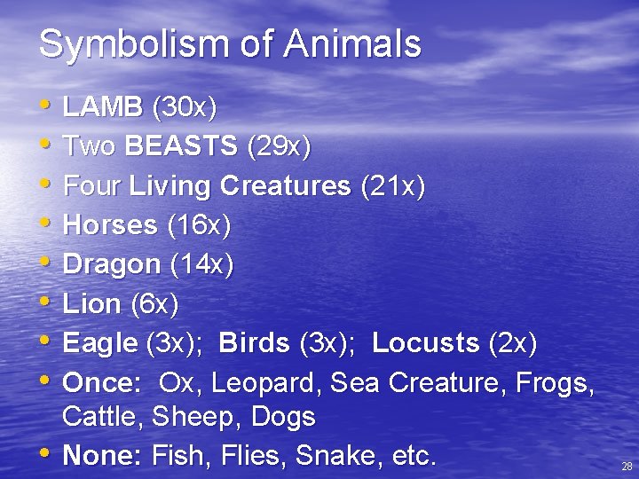 Symbolism of Animals • • • LAMB (30 x) Two BEASTS (29 x) Four