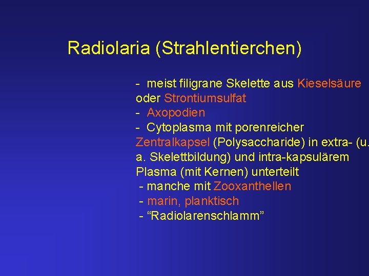 Radiolaria (Strahlentierchen) - meist filigrane Skelette aus Kieselsäure oder Strontiumsulfat - Axopodien - Cytoplasma