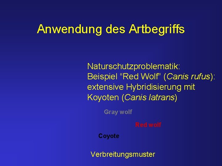 Anwendung des Artbegriffs Naturschutzproblematik: Beispiel “Red Wolf” (Canis rufus): extensive Hybridisierung mit Koyoten (Canis