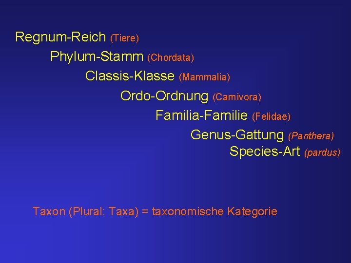 Regnum-Reich (Tiere) Phylum-Stamm (Chordata) Classis-Klasse (Mammalia) Ordo-Ordnung (Carnivora) Familia-Familie (Felidae) Genus-Gattung (Panthera) Species-Art (pardus)