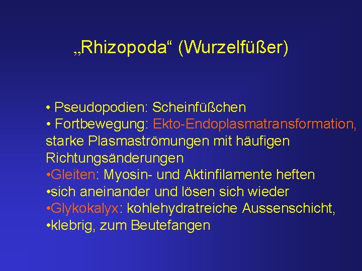 „Rhizopoda“ (Wurzelfüßer) • Pseudopodien: Scheinfüßchen • Fortbewegung: Ekto-Endoplasmatransformation, starke Plasmaströmungen mit häufigen Richtungsänderungen •