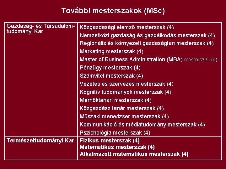 További mesterszakok (MSc) Gazdaság- és Társadalom- Közgazdasági elemző mesterszak (4) tudományi Kar Nemzetközi gazdaság