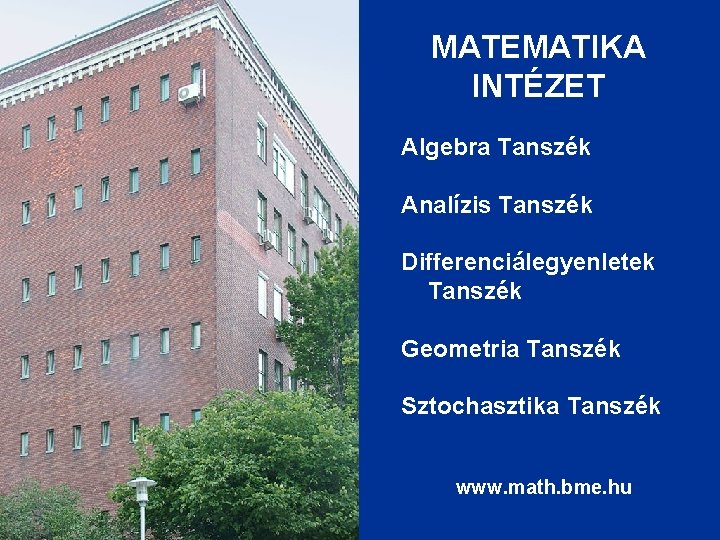 MATEMATIKA INTÉZET Algebra Tanszék Analízis Tanszék Differenciálegyenletek Tanszék Geometria Tanszék Sztochasztika Tanszék www. math.