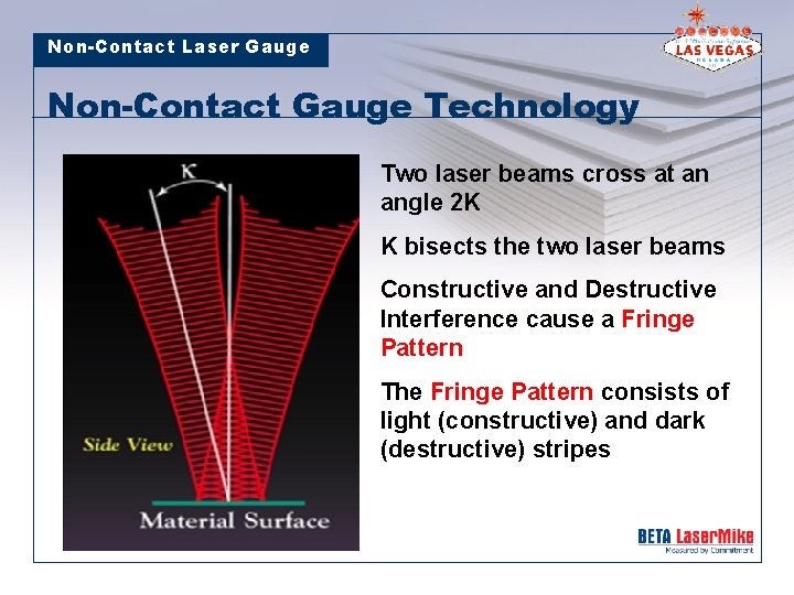 Non-Contact Laser Gauge Non-Contact Gauge Technology Two laser beams cross at an angle 2