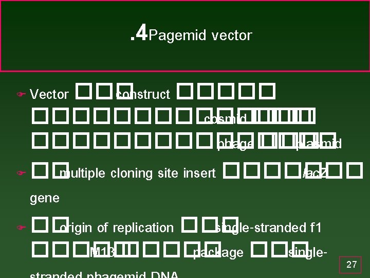 . 4 Pagemid vector Vector ��� construct ���������� cosmid ��������� phage ��� plasmid F