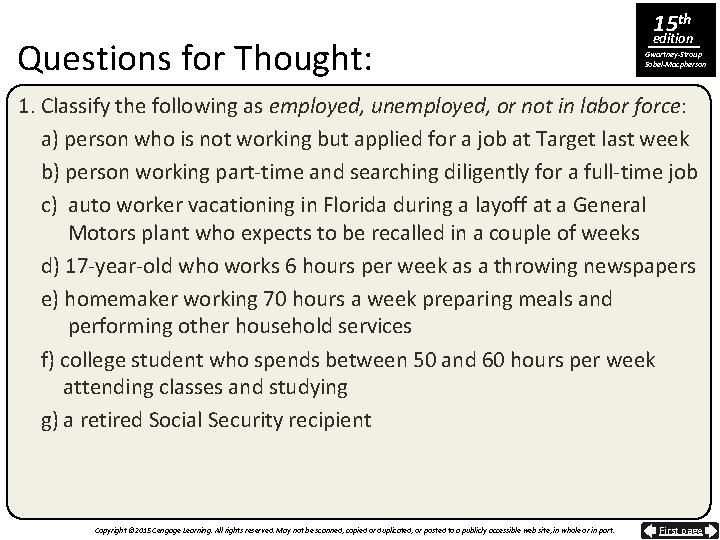 Questions for Thought: 15 th edition Gwartney-Stroup Sobel-Macpherson 1. Classify the following as employed,