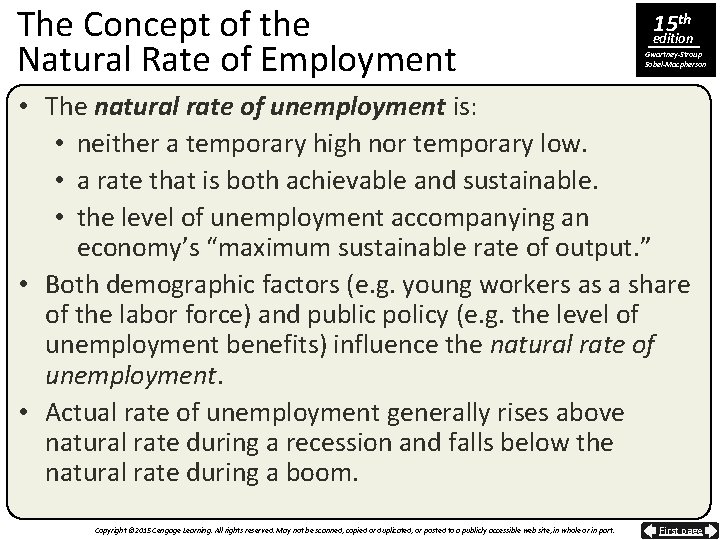 The Concept of the Natural Rate of Employment 15 th edition Gwartney-Stroup Sobel-Macpherson •