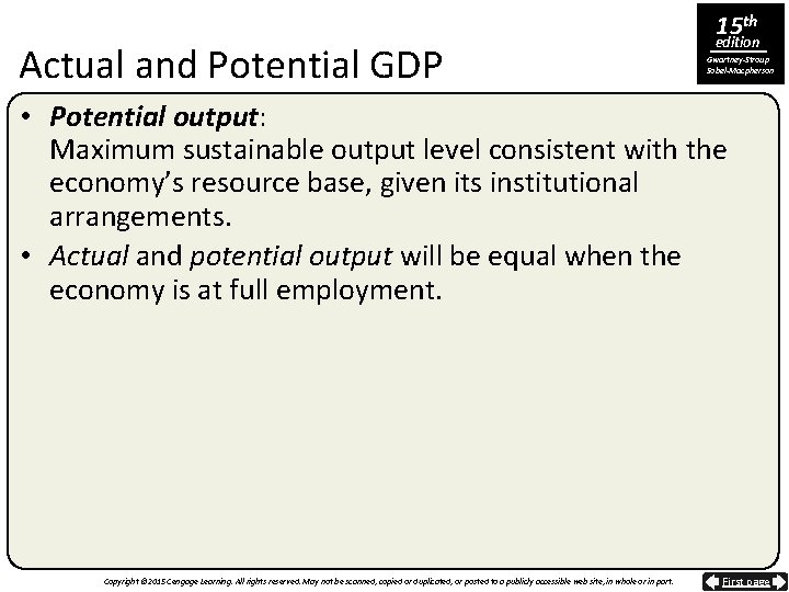 Actual and Potential GDP 15 th edition Gwartney-Stroup Sobel-Macpherson • Potential output: Maximum sustainable