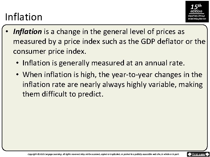 Inflation 15 th edition Gwartney-Stroup Sobel-Macpherson • Inflation is a change in the general