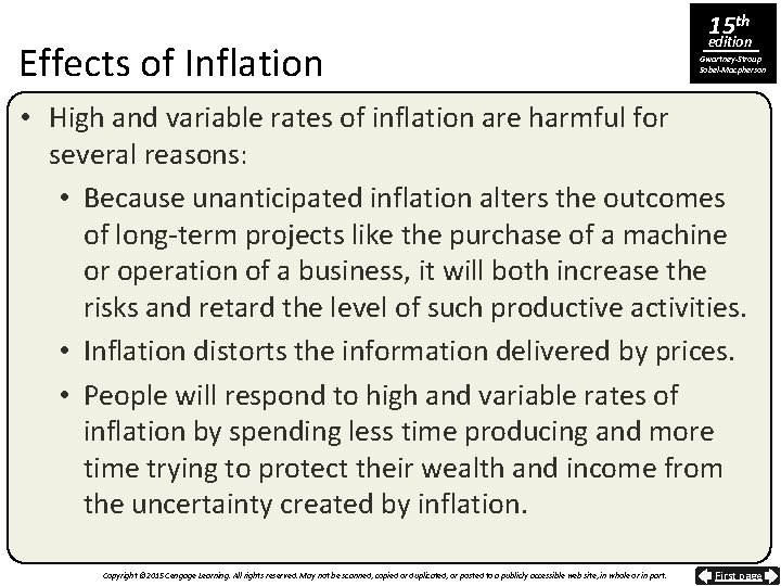 Effects of Inflation 15 th edition Gwartney-Stroup Sobel-Macpherson • High and variable rates of
