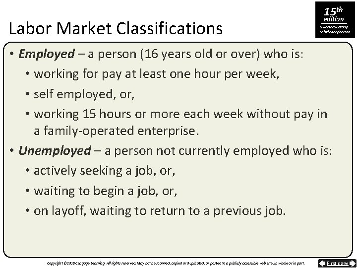 Labor Market Classifications 15 th edition Gwartney-Stroup Sobel-Macpherson • Employed – a person (16