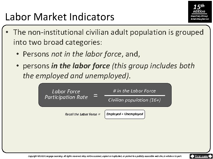 Labor Market Indicators 15 th edition Gwartney-Stroup Sobel-Macpherson • The non-institutional civilian adult population